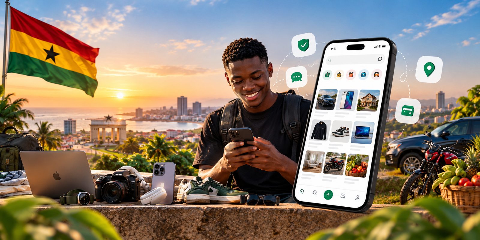 Ghanaian marketplace scene with a shopper, phone, local goods and the Ghana flag